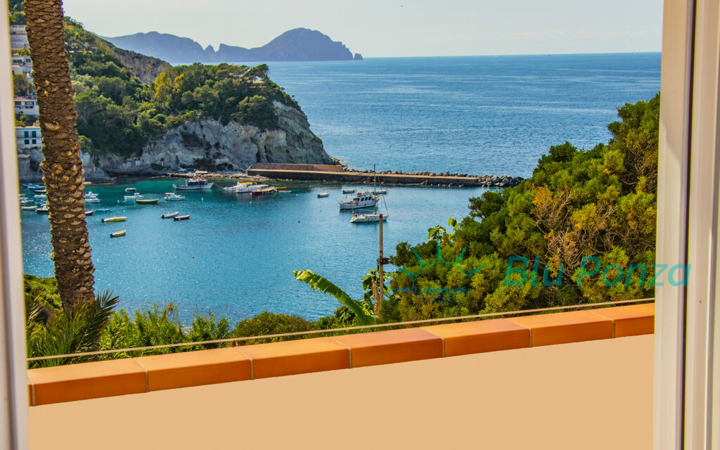 Vista panoramica di Cala Feola e le Piscine Naturali a Ponza, dal balcone con palma